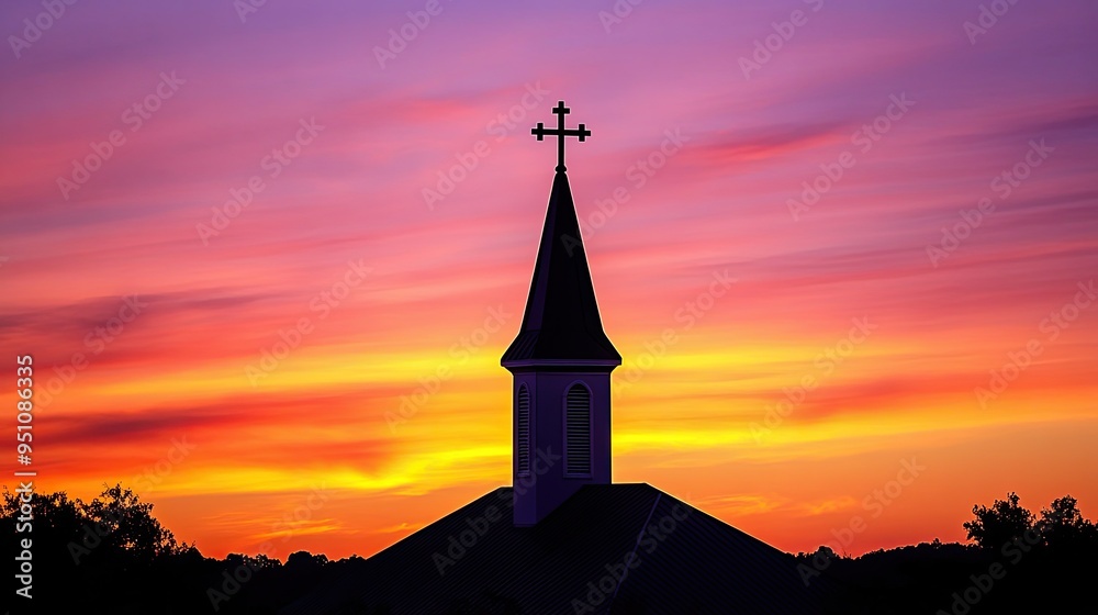 Obraz premium A church steeple with a cross at the top, silhouetted against a vibrant sunset, symbolizing faith and community.