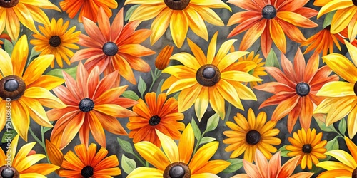 Whimsical seamless pattern of stylized black-eyed susans, featuring asymmetrical compositions and loose brushstrokes, with a bright and cheerful color palette of yellows, oranges, and corals.