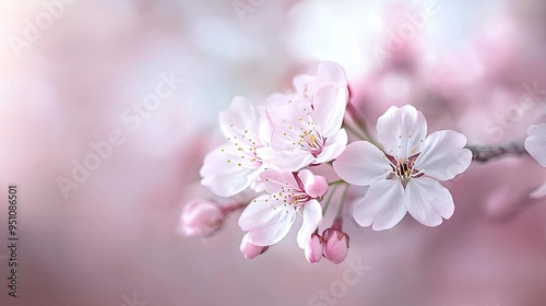 A close-up of a delicate cherry blossom branch in full bloom, with soft pink petals and a blurred background of more blossoms.