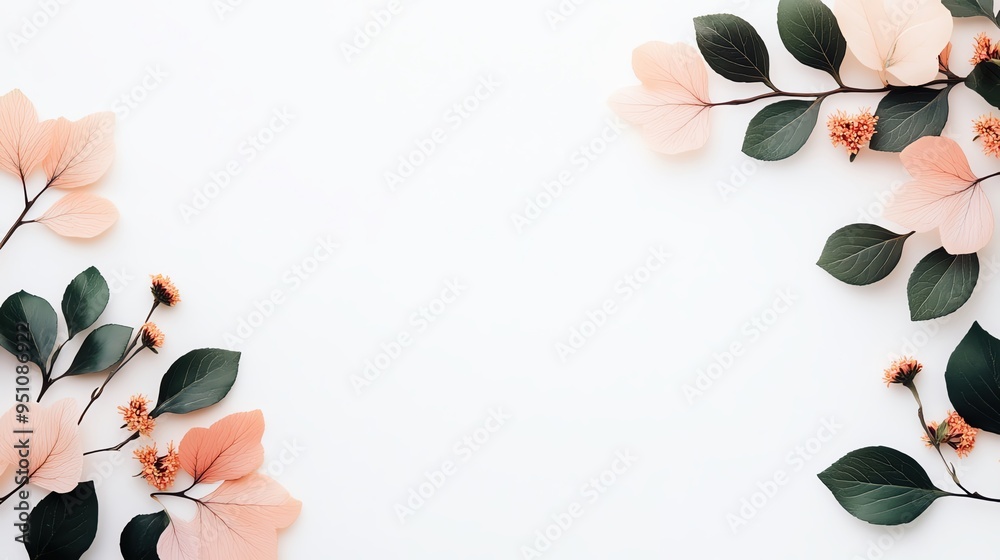 Delicate blush pink and forest green autumn leaves with mini asters on a white backdrop Minimalistic, high resolution, clear sharp focus, hyperdetailed Delicate blush pink and forest green autumn leaves with mini asters on a white backdrop Minimalistic, high resolution, clear sharp focus, hyperdetailed