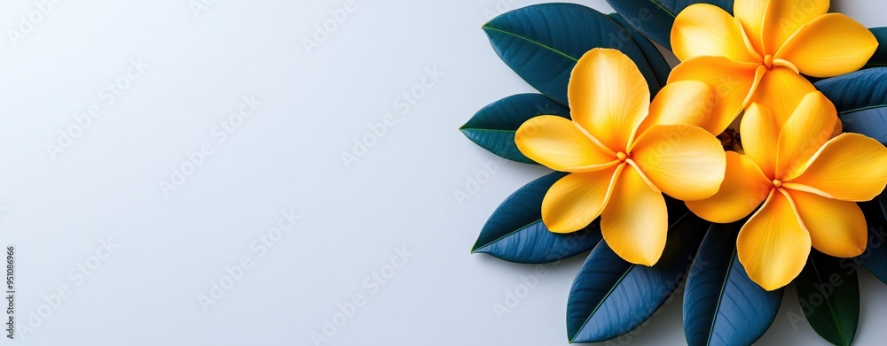Obraz premium Small vivid yellow and ocean blue summer leaves with mini frangipanis on a white backdrop Minimalistic, high resolution, clear sharp focus, hyperdetailed