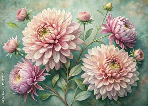 Feminine and elegant, aster flowers unfurl on a soft sage background, petals in hues of rose and blush, with subtle texture and delicate hand-painted details.