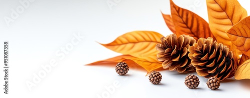 Delicate cinnamon brown and marigold autumn leaves with mini pinecones on a white backdrop Minimalistic, high resolution, clear sharp focus, hyperdetailed photo