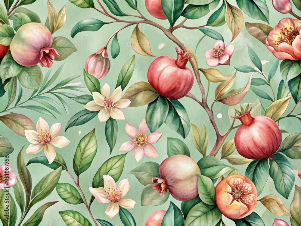 delicate hand-painted pomegranate flowers in soft blush tones and misty greens on a seamless background