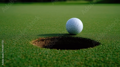 A golf ball sitting on the edge of the hole, about to drop in, symbolizing the anticipation and excitement of the game.