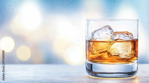 A glass of liquor with ice cubes in it