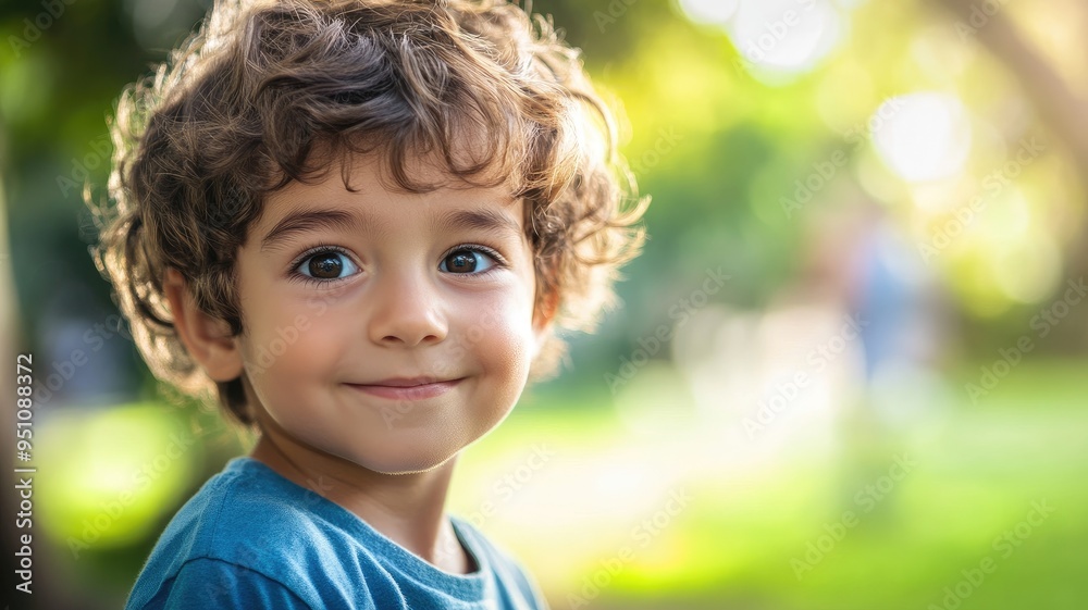 Cute young boy with curly hair and bright eyes, smiling outdoors in park Cute young boy with curly hair and bright eyes, smiling outdoors in park