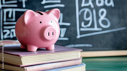 A pink piggy bank placed on a stack of books, with a chalkboard in the background showing financial equations, ideal for educational or financial literacy themes.