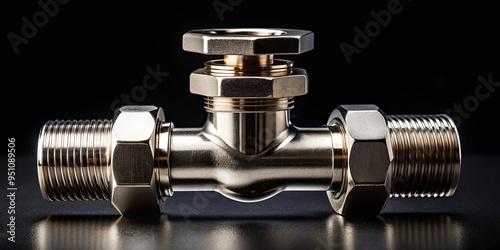 Polished chrome pipe fitting with threaded connections and valve wheels against a dark background, exuding industrial precision and mechanical elegance photo