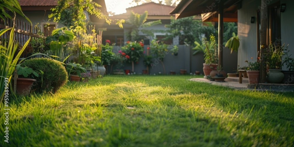 Obraz premium A neatly trimmed lawn with green grass on the patio of a house surrounded by varying height plants and a fence