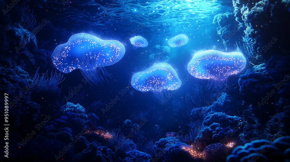 Obraz premium Glowing bioluminescent sea creatures in a deep ocean scene, marine glowtime, mysterious and awe-inspiring