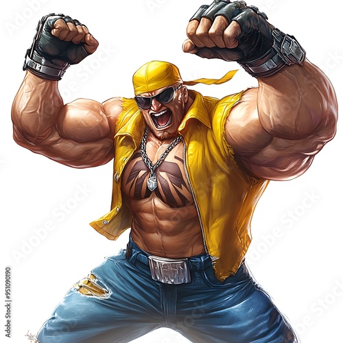 Muscular Man with a Yellow Bandana and Sunglasses, Ready to Fight. photo