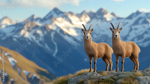 Alpine wildlife, ibex and marmots, high altitude, 3D illustration