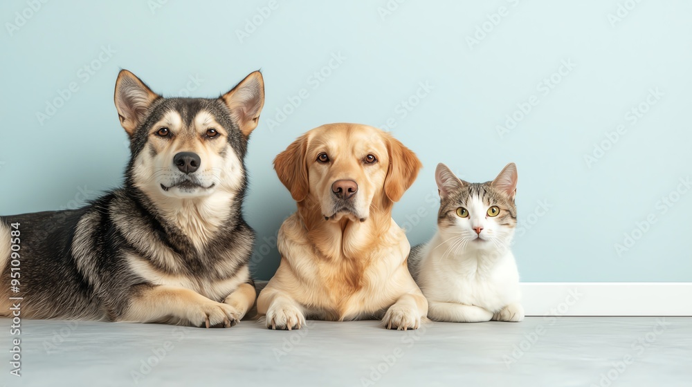Domestic pets, cats and dogs, cozy home setting, 3D illustration Domestic pets, cats and dogs, cozy home setting, 3D illustration