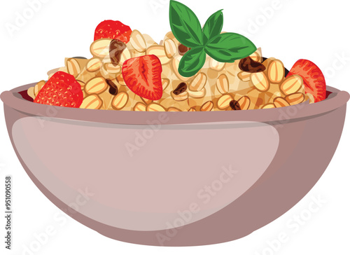 Oatmeal with strawberries, raisins, and basil served in a bowl, making for a healthy and delicious breakfast