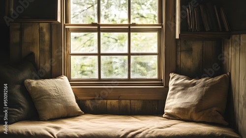 Rustic vintage nook by window soft warm light rainy day sepia tones