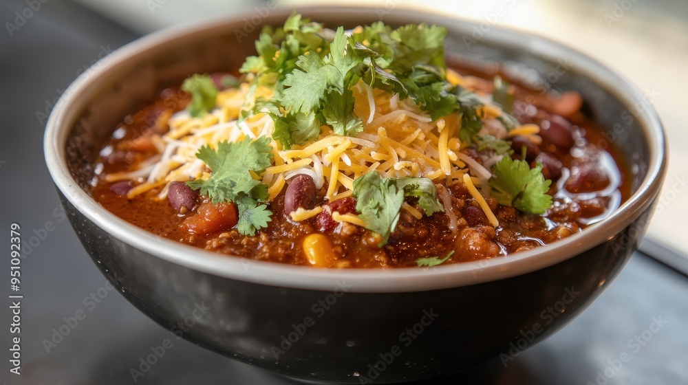 Delicious and Hearty Chili in a Bowl Garnished with Fresh Cilantro Delicious and Hearty Chili in a Bowl Garnished with Fresh Cilantro