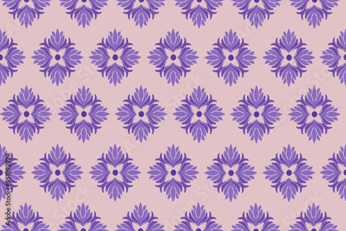 Ikat seamless fabric geometric pattern. European native damask ikat pattern. Deep purple flowers. Light purple background. Illustration, Vector, Wallpaper.