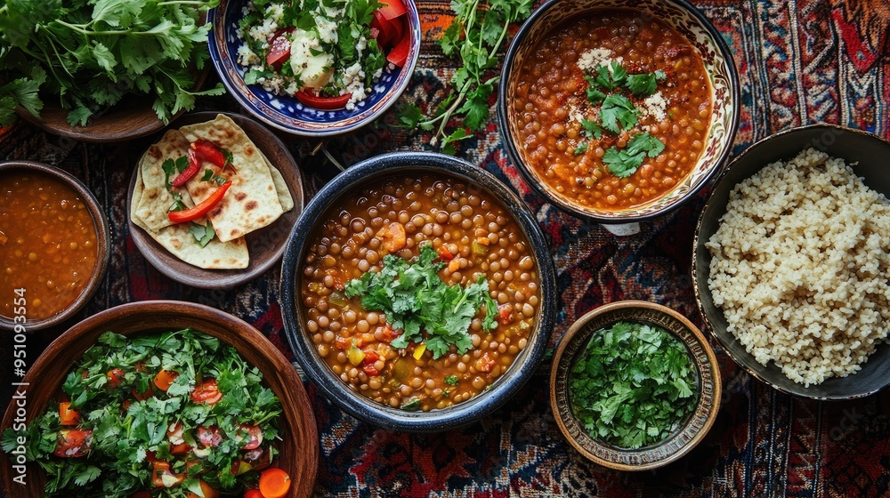 A vibrant spread of Moroccan harira, with rich lentil soup and fresh herbs. - A vibrant spread of Moroccan harira, with rich lentil soup and fresh herbs. -