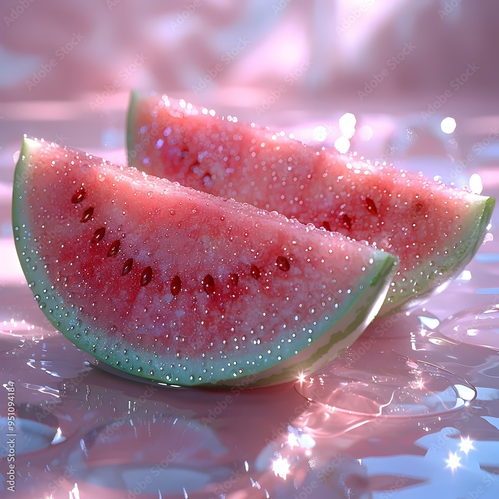 Φωτογραφία Two slices of juicy watermelon glistening with water droplets on a pink background