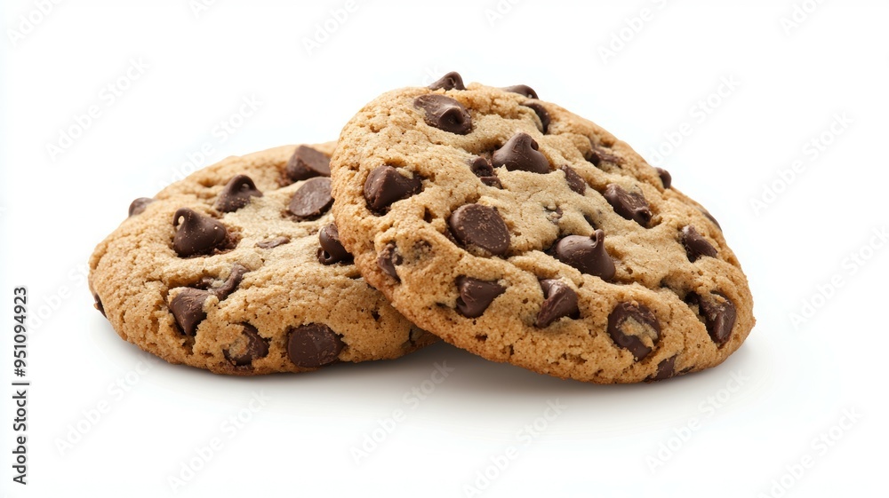 Two chocolate chip cookies on a white background