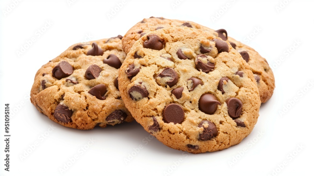 Three chocolate chip cookies stacked on top of each other Three chocolate chip cookies stacked on top of each other