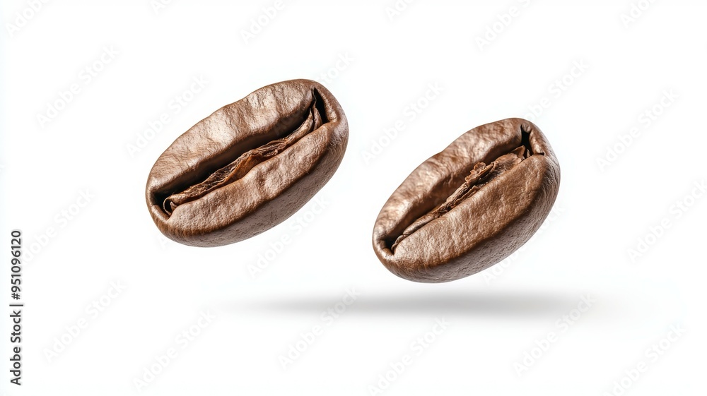 Two coffee beans are shown in the air, one of which is partially opened Two coffee beans are shown in the air, one of which is partially opened