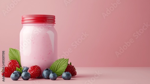 Organic yogurt, creamy texture and fresh berries, 3D illustration photo