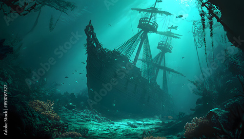 A Large Pirate Shipwreck at the Bottom of an Ocean Surface, Captured in a Deep Blue Underwater Scene with Marine Life and Coral Reefs, Evoking a Sense of Adventure and Historical Mystery, Ideal for Il photo