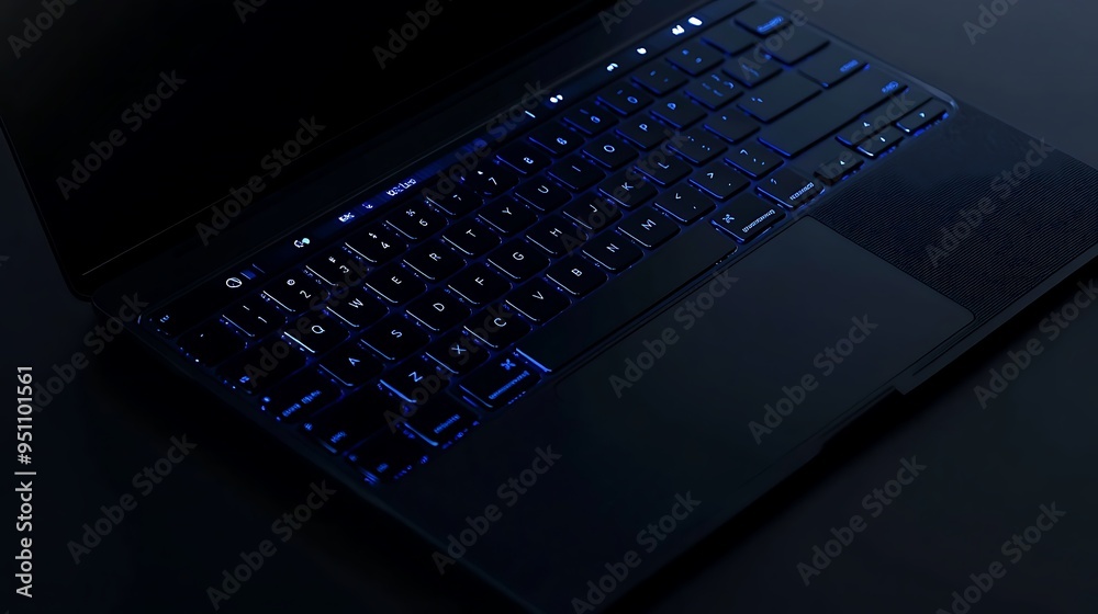 Close-up of a Laptop Keyboard with Blue Backlighting Close-up of a Laptop Keyboard with Blue Backlighting