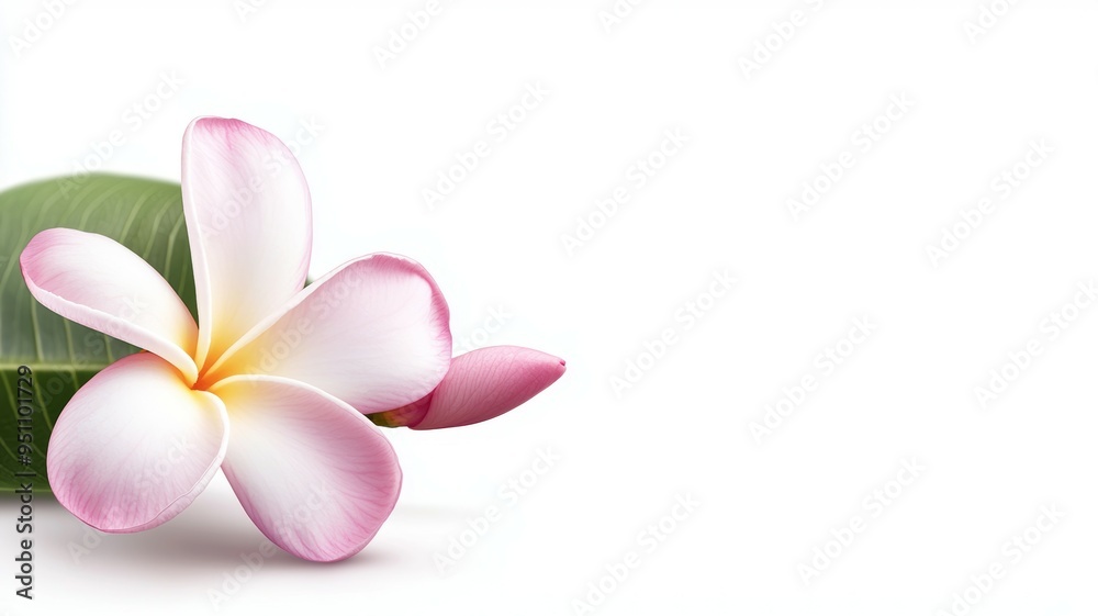 A pink flower with a yellow center sits on a white background