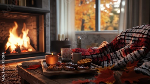 Cozy Autumn Fireplace Scene with Warm Blanket and Treats
