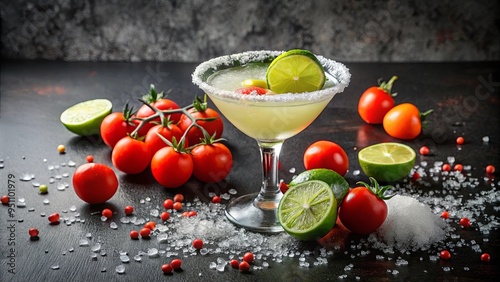 Margarita cocktail with lime and salt rim, surrounded by tomatoes and limes on dark surface photo