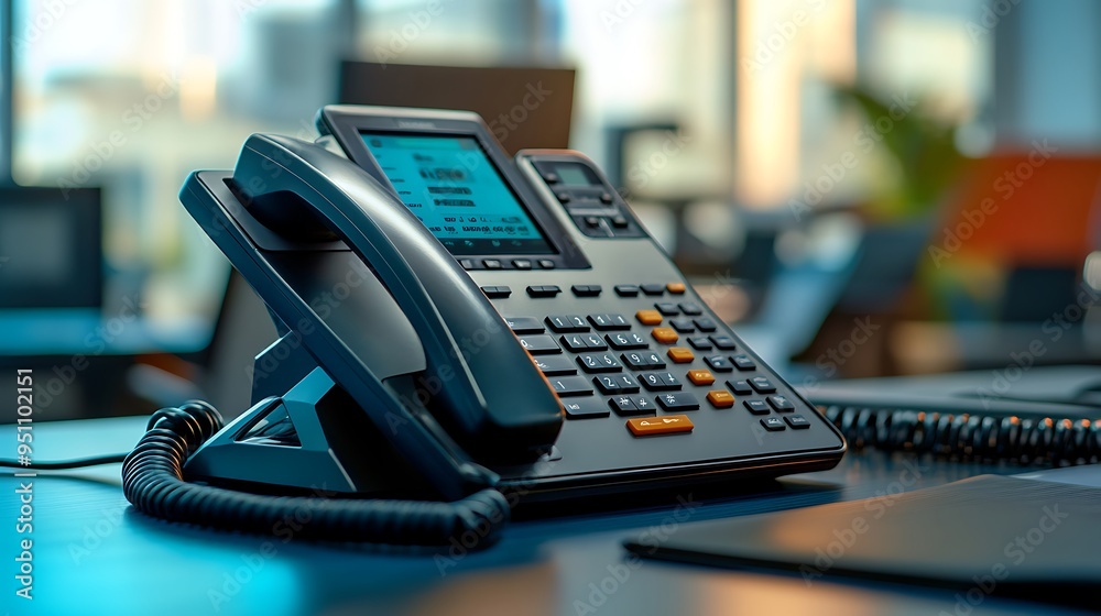 Modern Black Office Phone with a Blue Screen Modern Black Office Phone with a Blue Screen