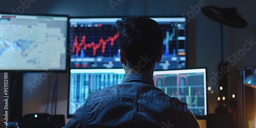 Individual dressed in smart casual attire reviewing stock market information from an office setting, viewed from behind.