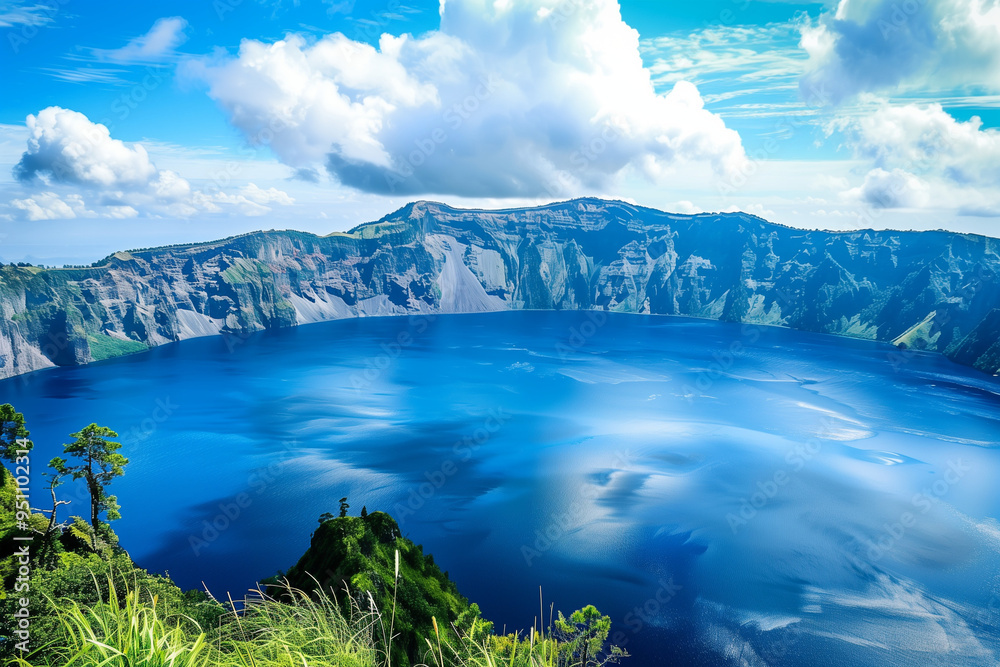 Fototapeta premium Dormant Volcano Cradling a Crater Lake: A Peaceful Natural Scene