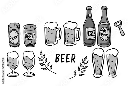 手描きタッチのビールのイラストセット(グレースケール)
