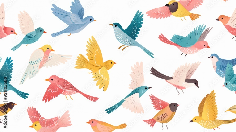 Charming collection of colorful cartoon birds soaring together, ideal for greeting cards and wallpapers. Charming collection of colorful cartoon birds soaring together, ideal for greeting cards and wallpapers.