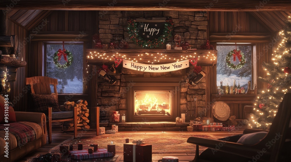 Cozy and Festive Log Cabin Interior with Fireplace and Christmas Decorations