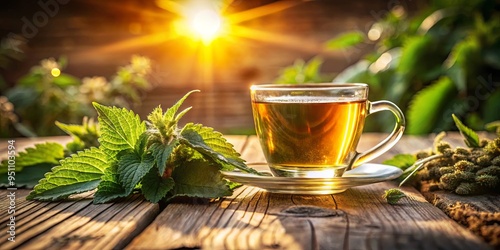 Warm golden light enhances rustic composition of nettle tea on wooden background photo