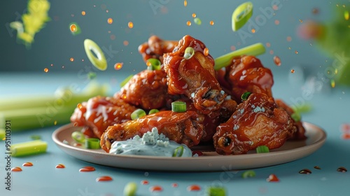 a plate of chicken wings with blue sauce and celery