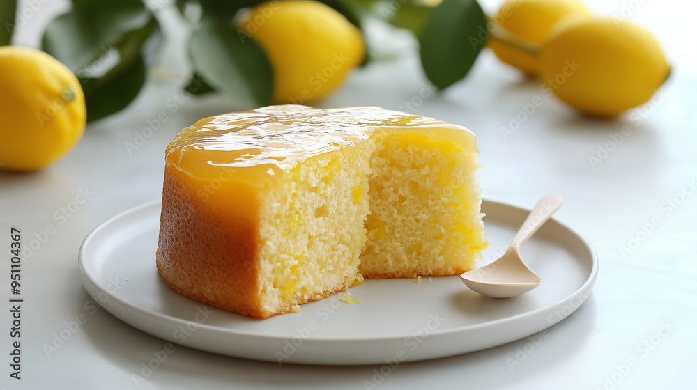 a carefully crafted lemon cake sits on a minimalist white ceramic plate, positioned on a light gray marble countertop a carefully crafted lemon cake sits on a minimalist white ceramic plate, positioned on a light gray marble countertop