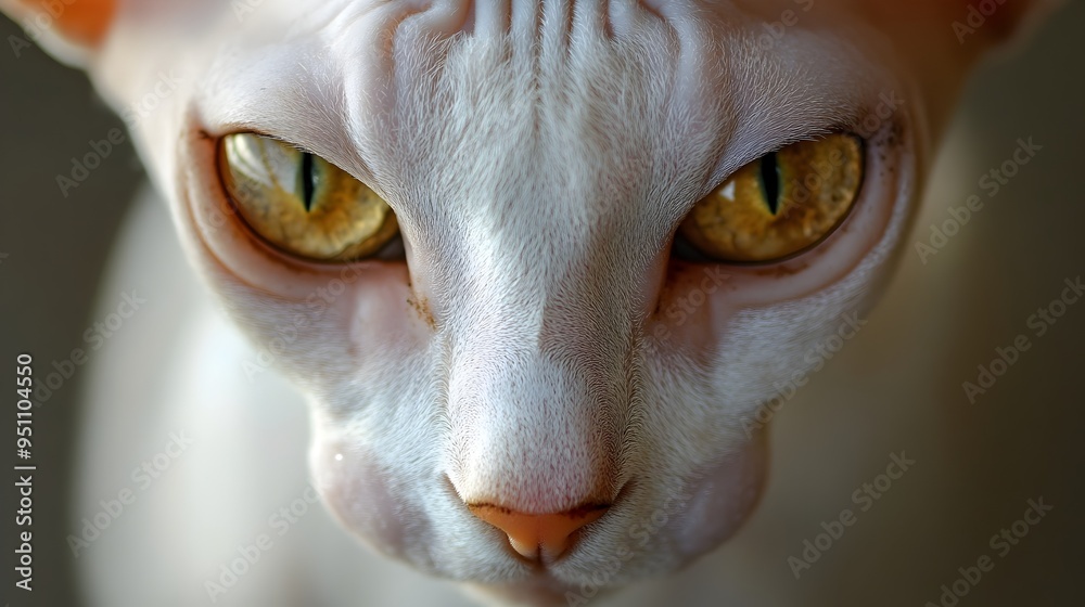 Captivating closeup portrait of a Sphynx cat s face showcasing its large attentive ears piercing eyes and unique hairless texture  The intense