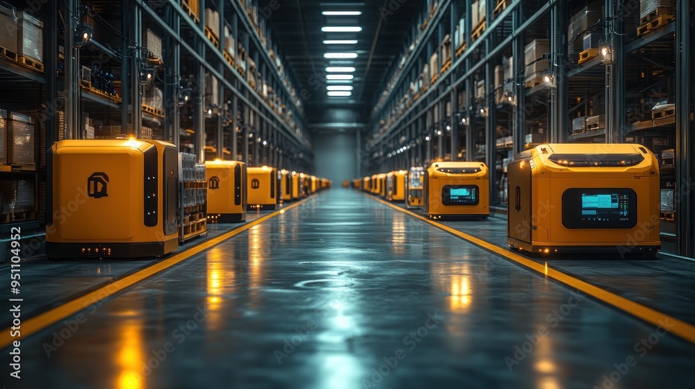 Automated Warehouse with Yellow Robots Automated Warehouse with Yellow Robots