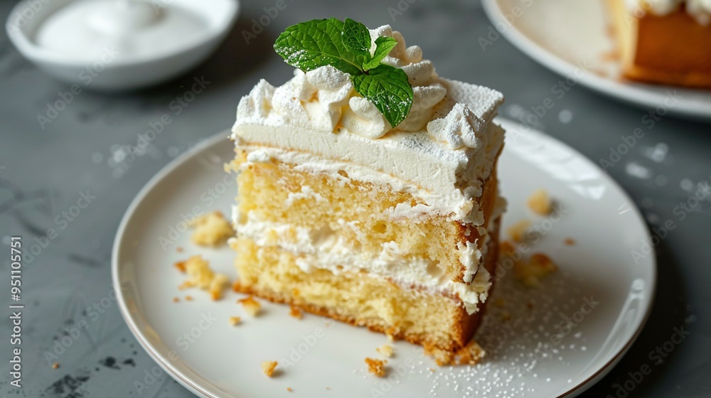A Slice of Vanilla Cake with Whipped Cream and Mint A Slice of Vanilla Cake with Whipped Cream and Mint