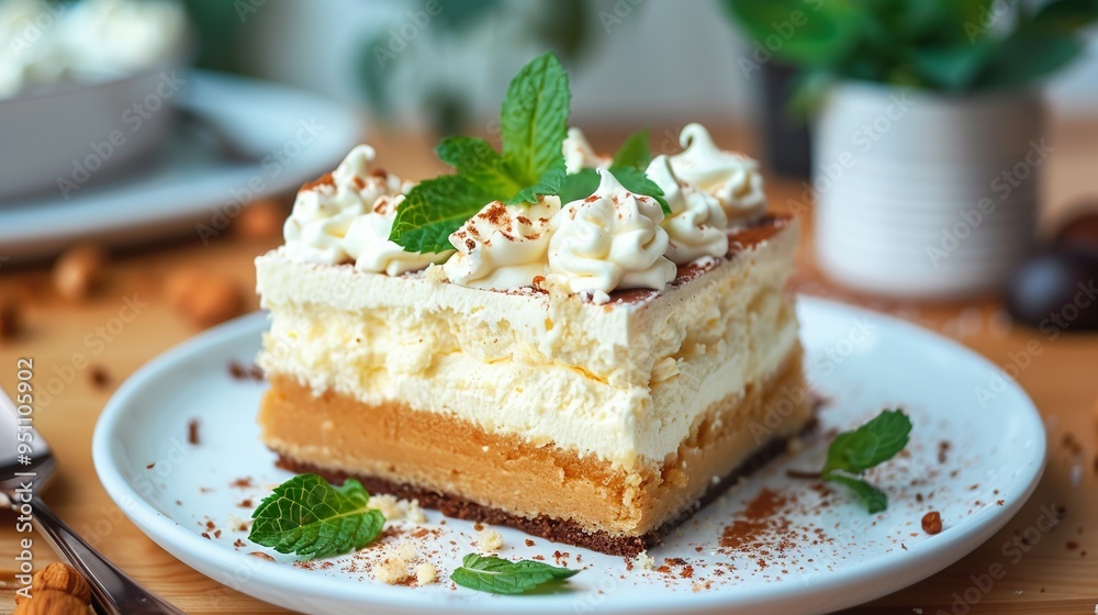 A Slice of Layered Cake with Whipped Cream, Mint, and Chocolate Sprinkles A Slice of Layered Cake with Whipped Cream, Mint, and Chocolate Sprinkles