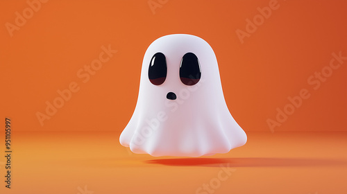 Halloween concept image: a small, simple cartoon ghost with a white sheet-like body and two large, black oval eyes