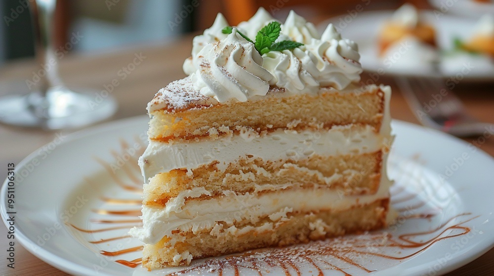 A Slice of Cake with Whipped Cream, Mint, and Caramel Drizzle A Slice of Cake with Whipped Cream, Mint, and Caramel Drizzle