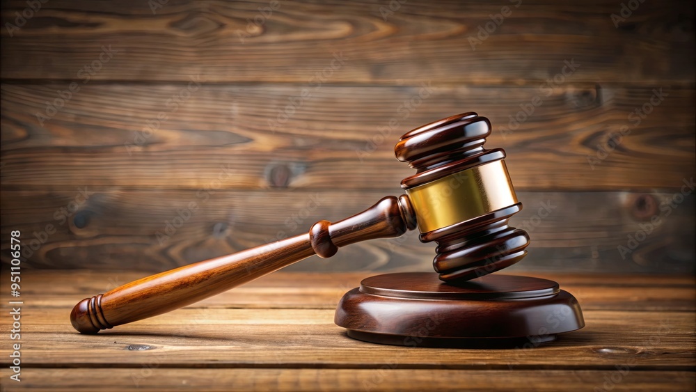 Stern gavel on wooden desk with judicial background symbolizing authority and impartial judgment Stern gavel on wooden desk with judicial background symbolizing authority and impartial judgment