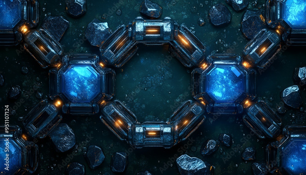 Fototapeta premium Glowing Blue and Orange Geometric Shapes on Dark Background